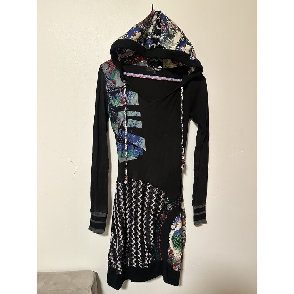 Kessley Boho Patchwork Abstract Hooded Sweater Dress Multi-Color Artwear Small